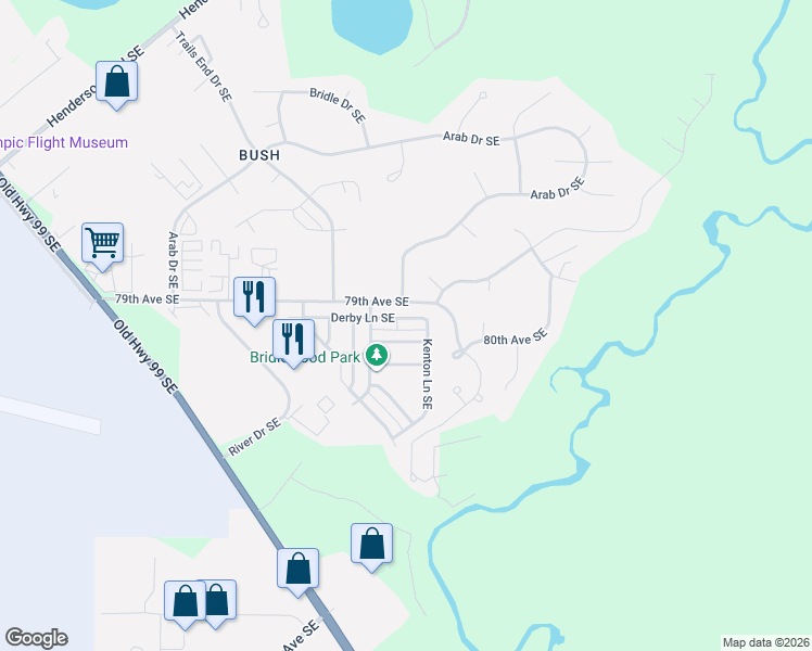 map of restaurants, bars, coffee shops, grocery stores, and more near 1627 Derby Lane Southeast in Olympia
