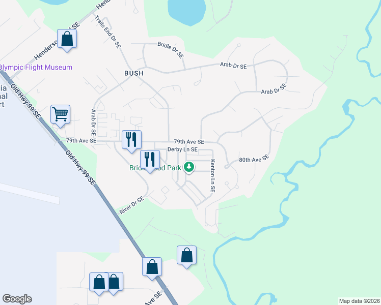 map of restaurants, bars, coffee shops, grocery stores, and more near 1601 Derby Lane Southeast in Olympia