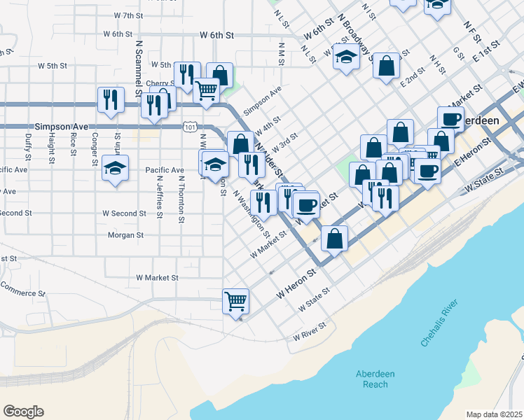 map of restaurants, bars, coffee shops, grocery stores, and more near 904 West 1st Street in Aberdeen