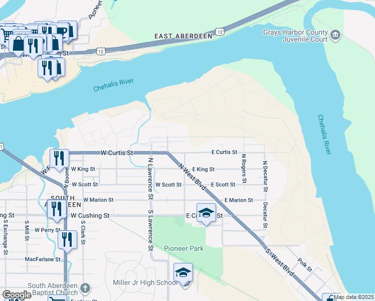 map of restaurants, bars, coffee shops, grocery stores, and more near 300 North Tilden Street in Aberdeen