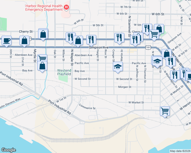 map of restaurants, bars, coffee shops, grocery stores, and more near 2018 Bay Avenue in Aberdeen