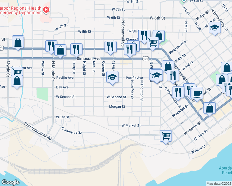 map of restaurants, bars, coffee shops, grocery stores, and more near 1801 Bay Avenue in Aberdeen