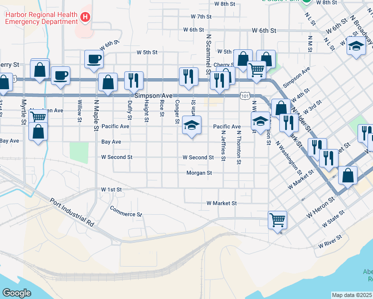 map of restaurants, bars, coffee shops, grocery stores, and more near 1801 Bay Avenue in Aberdeen