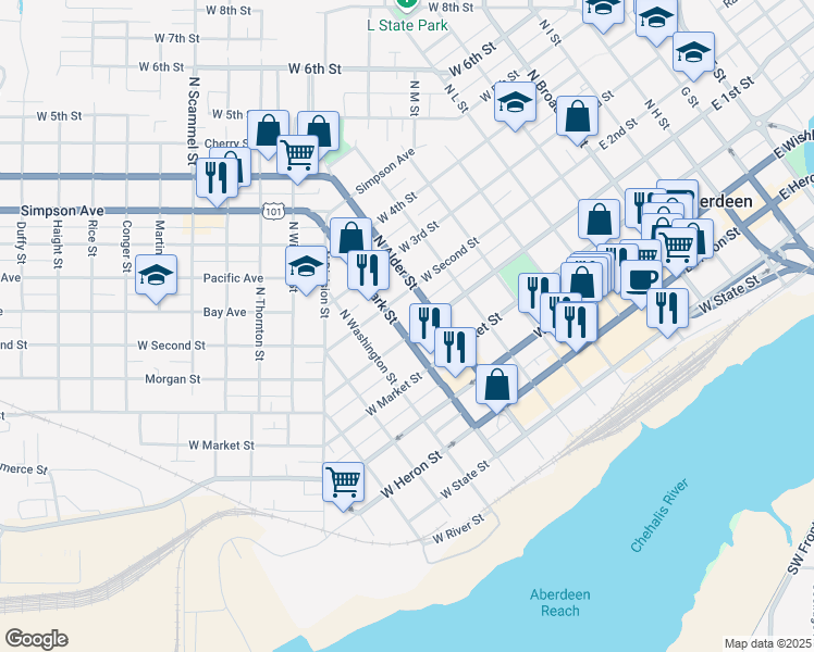 map of restaurants, bars, coffee shops, grocery stores, and more near 713 West Second Street in Hoquiam