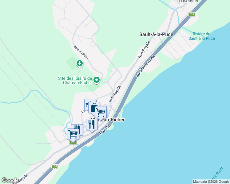 map of restaurants, bars, coffee shops, grocery stores, and more near 8095 Avenue Royale in Château-Richer