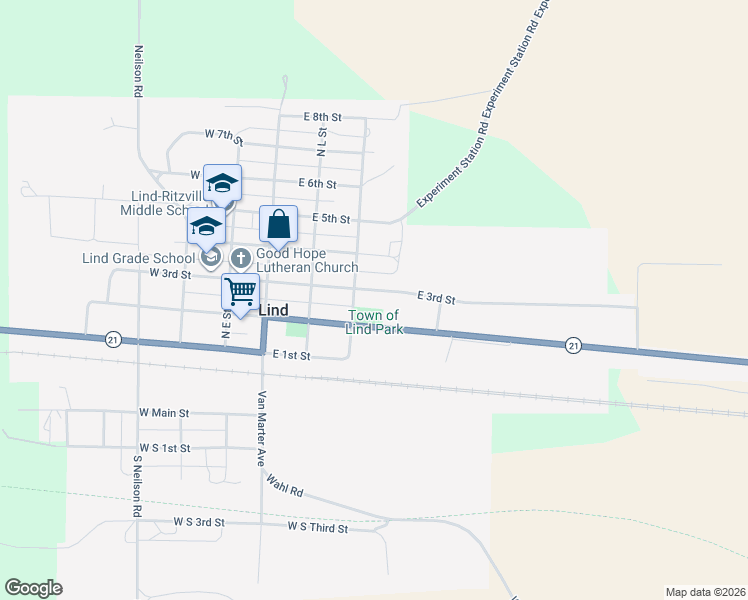 map of restaurants, bars, coffee shops, grocery stores, and more near 316 East 3rd Street in Lind