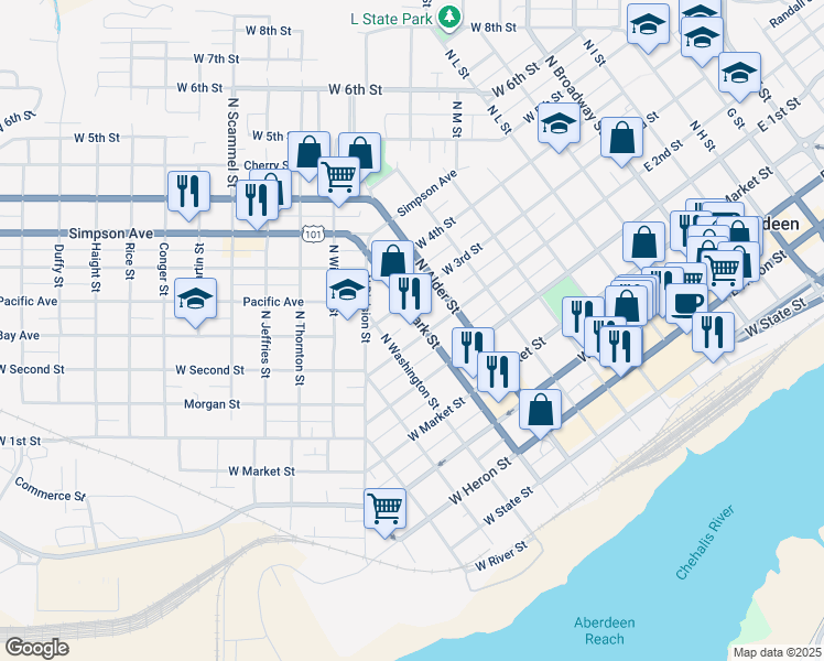 map of restaurants, bars, coffee shops, grocery stores, and more near 301 North Park Street in Aberdeen