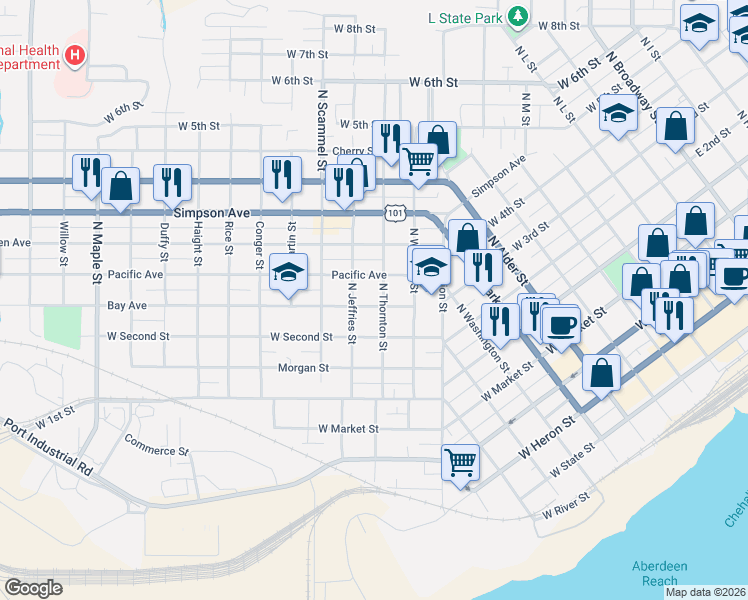 map of restaurants, bars, coffee shops, grocery stores, and more near 1504 Bay Avenue in Aberdeen