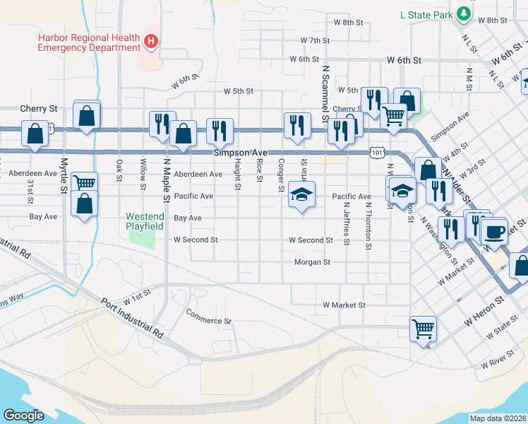 map of restaurants, bars, coffee shops, grocery stores, and more near 1920 Bay Avenue in Aberdeen