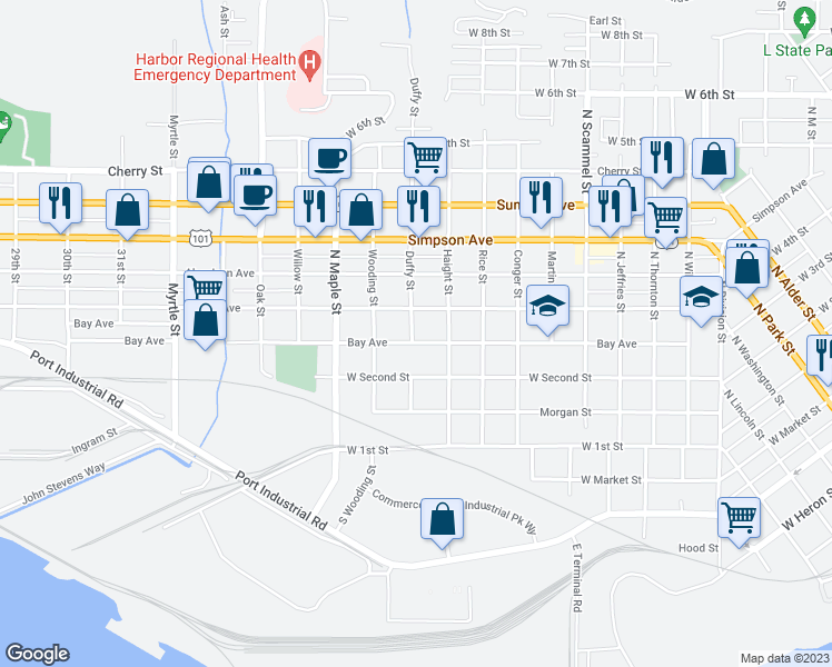 map of restaurants, bars, coffee shops, grocery stores, and more near 2122 Bay Avenue in Aberdeen