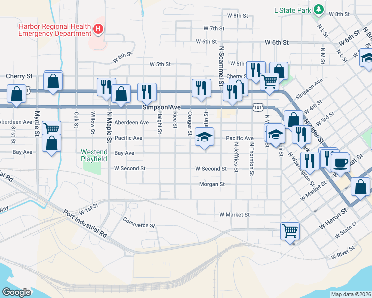 map of restaurants, bars, coffee shops, grocery stores, and more near 1920 Bay Avenue in Aberdeen