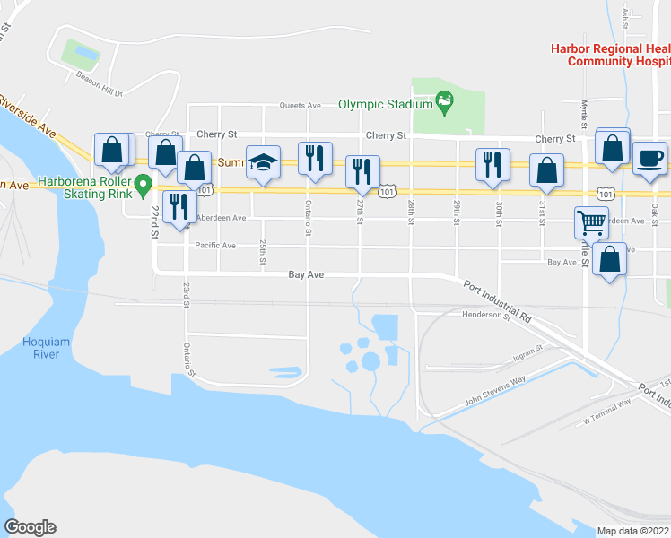 map of restaurants, bars, coffee shops, grocery stores, and more near 2623 Bay Avenue in Hoquiam