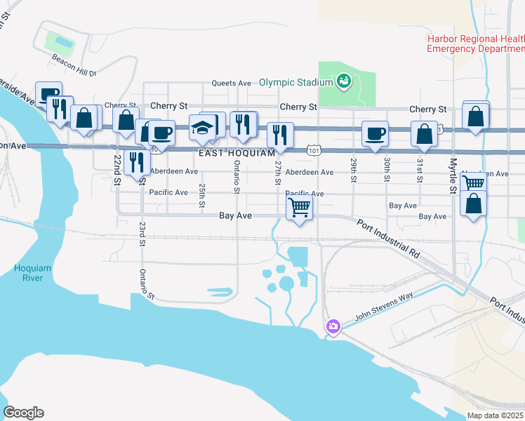 map of restaurants, bars, coffee shops, grocery stores, and more near 2623 Bay Avenue in Hoquiam