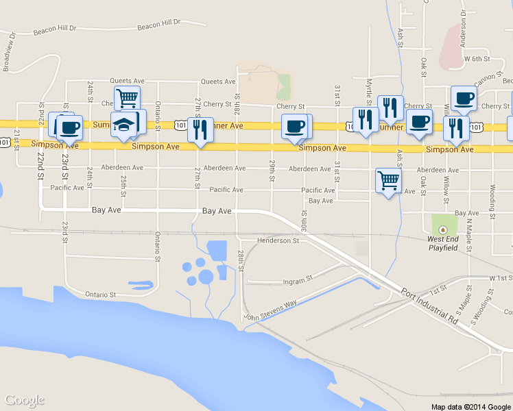 map of restaurants, bars, coffee shops, grocery stores, and more near 2821 Bay Avenue in Hoquiam