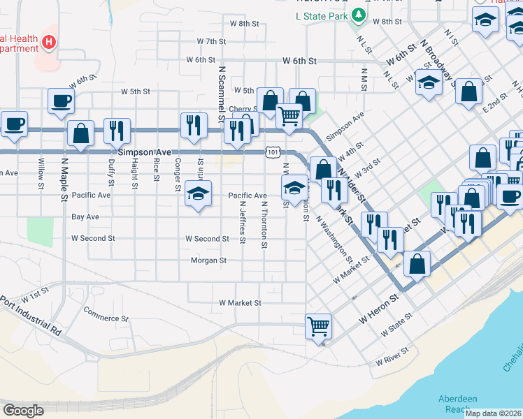 map of restaurants, bars, coffee shops, grocery stores, and more near 1504 Bay Avenue in Aberdeen