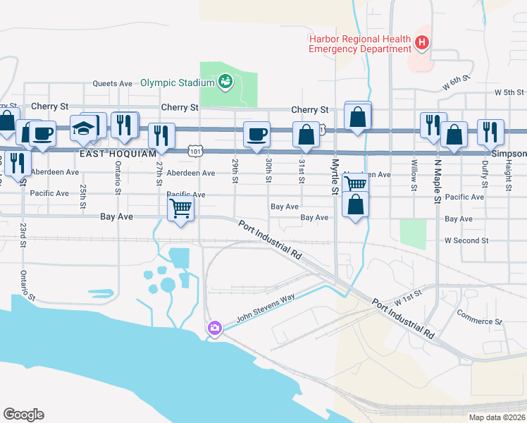 map of restaurants, bars, coffee shops, grocery stores, and more near 610 30th Street in Hoquiam