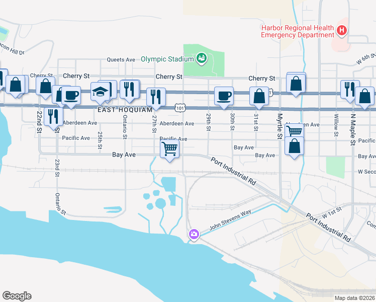 map of restaurants, bars, coffee shops, grocery stores, and more near 2821 Bay Avenue in Hoquiam