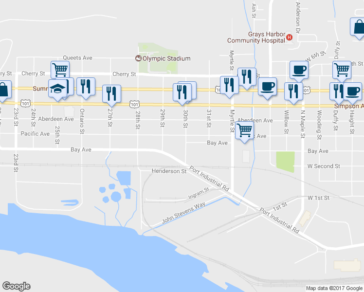 map of restaurants, bars, coffee shops, grocery stores, and more near 610 30th Street in Hoquiam