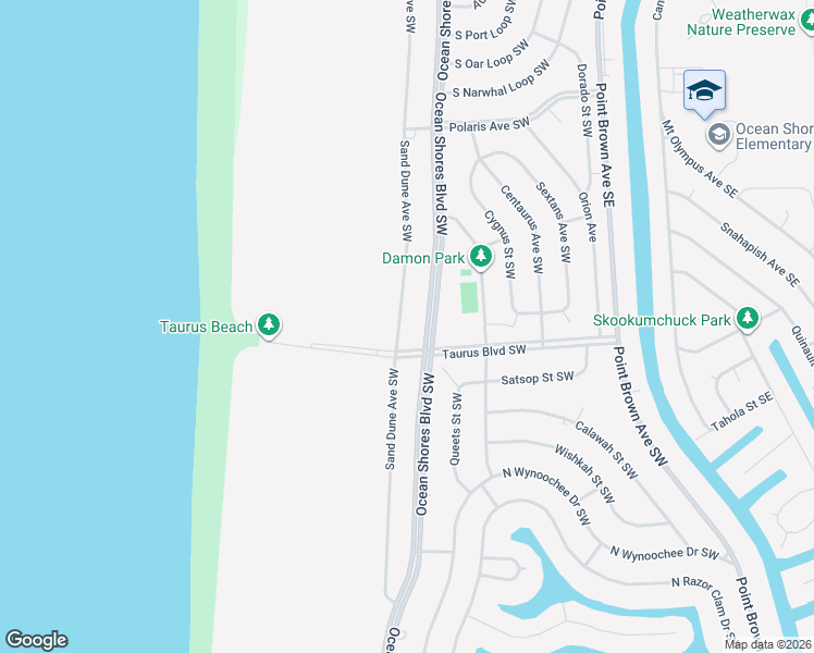 map of restaurants, bars, coffee shops, grocery stores, and more near 485 Sand Dune Avenue Southwest in Ocean Shores