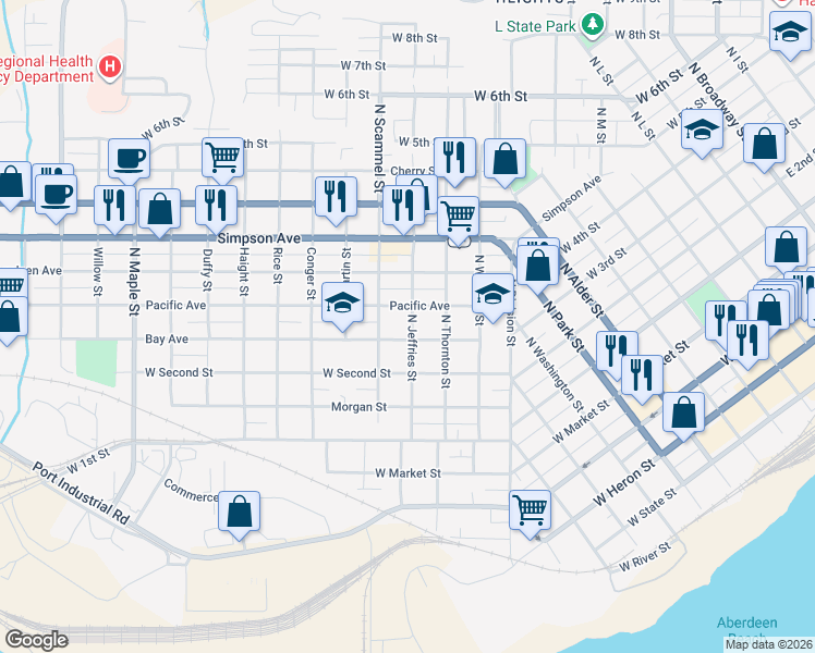 map of restaurants, bars, coffee shops, grocery stores, and more near 1604 Bay Avenue in Aberdeen
