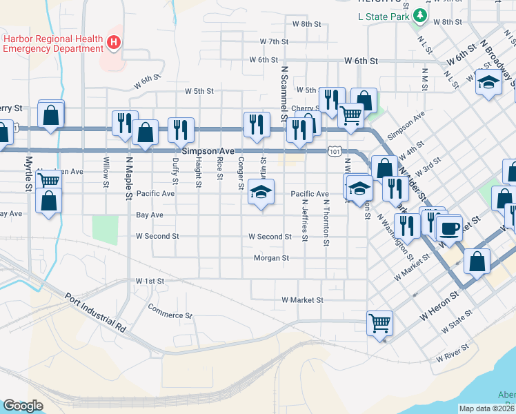 map of restaurants, bars, coffee shops, grocery stores, and more near 1814 Bay Avenue in Aberdeen