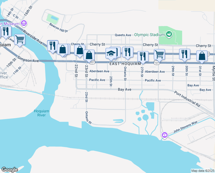 map of restaurants, bars, coffee shops, grocery stores, and more near 2423 Bay Avenue in Hoquiam