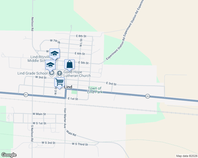 map of restaurants, bars, coffee shops, grocery stores, and more near 316 East 3rd Street in Lind