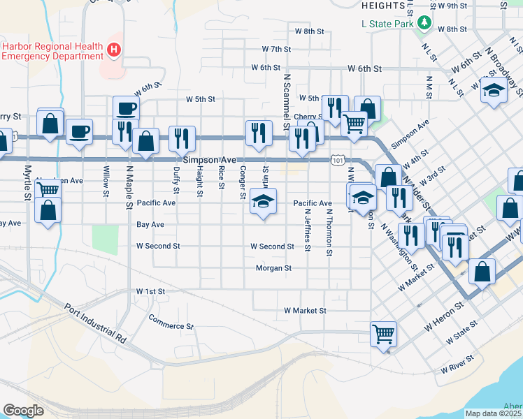 map of restaurants, bars, coffee shops, grocery stores, and more near 1814 Bay Avenue in Aberdeen