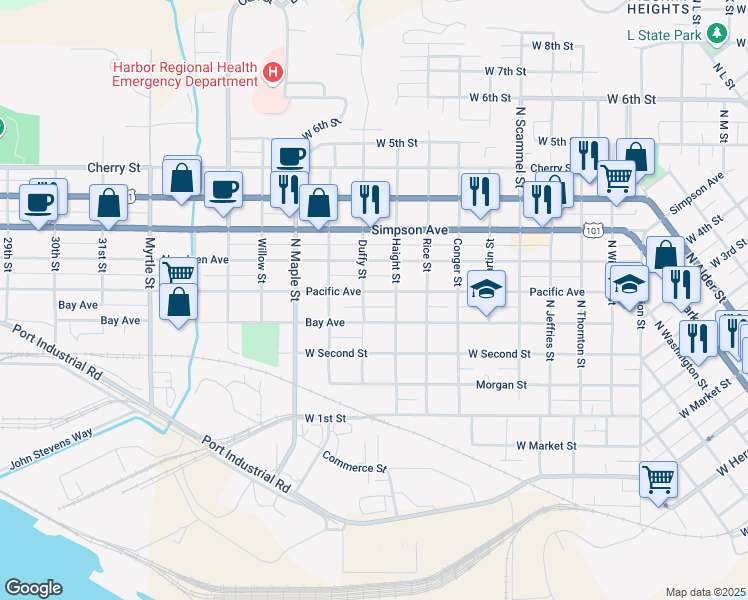 map of restaurants, bars, coffee shops, grocery stores, and more near 2122 Bay Avenue in Aberdeen