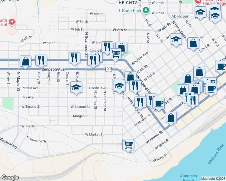 map of restaurants, bars, coffee shops, grocery stores, and more near 1401 Pacific Avenue in Aberdeen