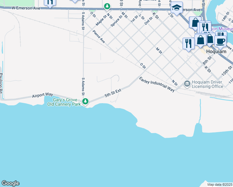 map of restaurants, bars, coffee shops, grocery stores, and more near 1217 5th Street in Hoquiam