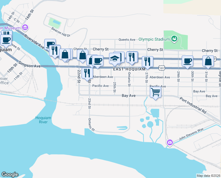 map of restaurants, bars, coffee shops, grocery stores, and more near 2423 Bay Avenue in Hoquiam