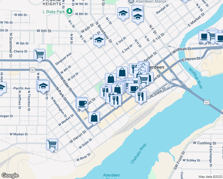 map of restaurants, bars, coffee shops, grocery stores, and more near 323 West Market Street in Aberdeen