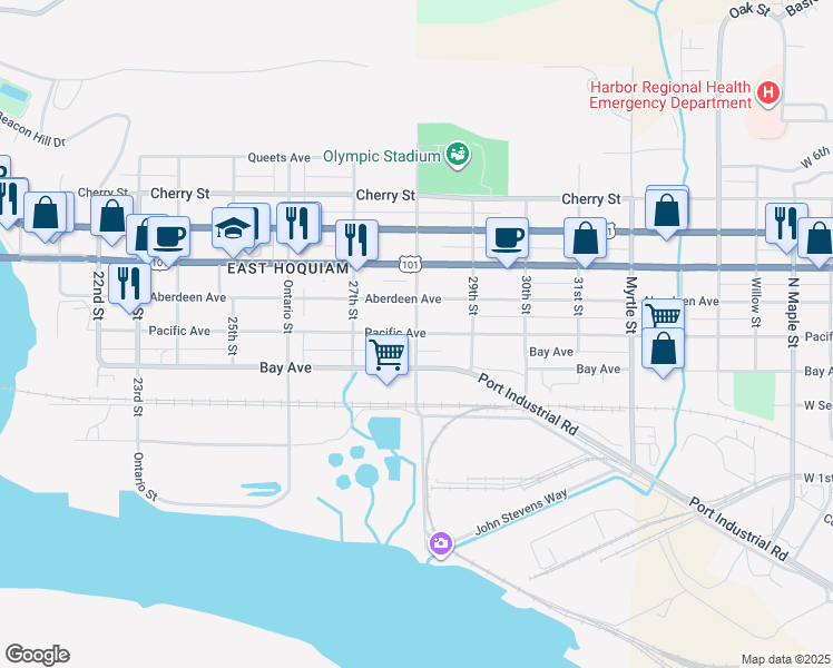 map of restaurants, bars, coffee shops, grocery stores, and more near Pacific Avenue in Hoquiam