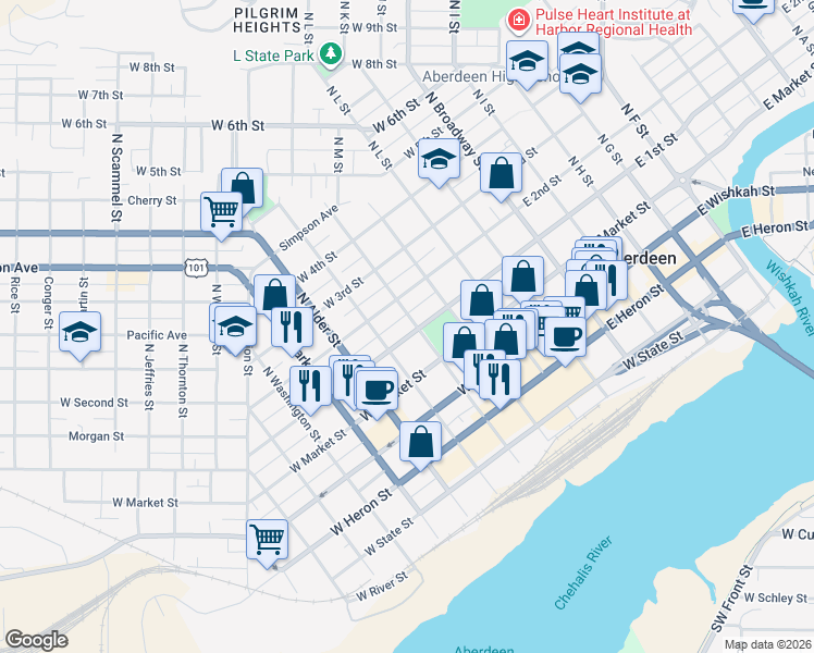 map of restaurants, bars, coffee shops, grocery stores, and more near 500 West 1st Street in Aberdeen