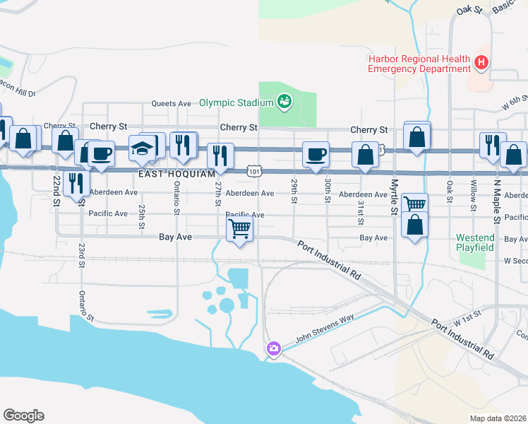 map of restaurants, bars, coffee shops, grocery stores, and more near 2818 Aberdeen Avenue in Hoquiam
