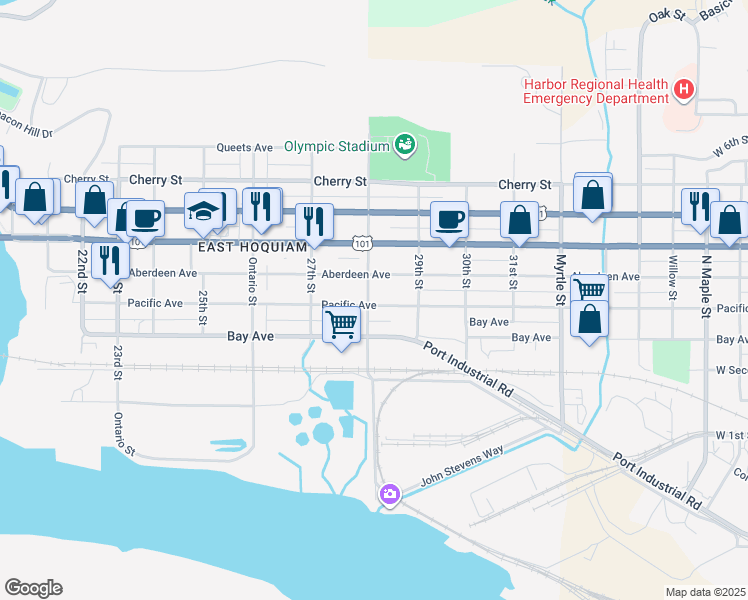 map of restaurants, bars, coffee shops, grocery stores, and more near 519 28th Street in Hoquiam
