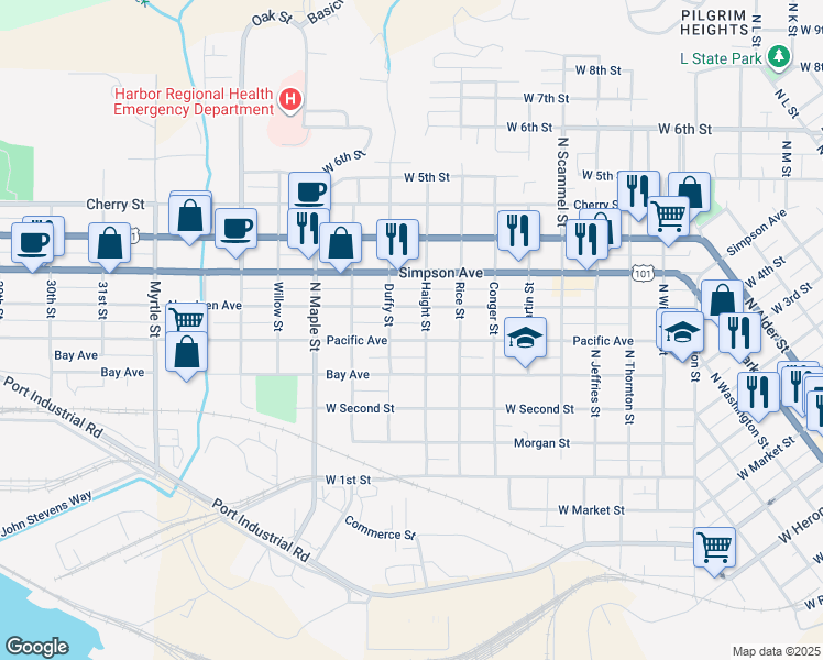 map of restaurants, bars, coffee shops, grocery stores, and more near 413 Haight Street in Aberdeen