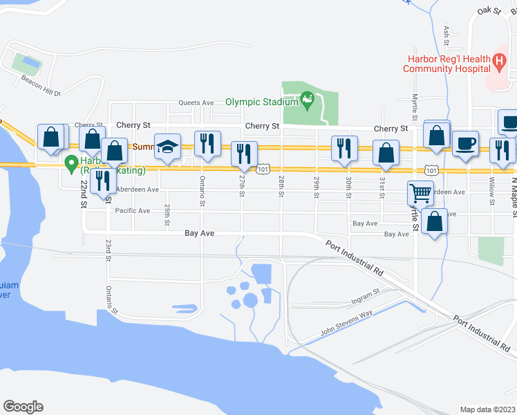map of restaurants, bars, coffee shops, grocery stores, and more near 2719 Pacific Avenue in Hoquiam
