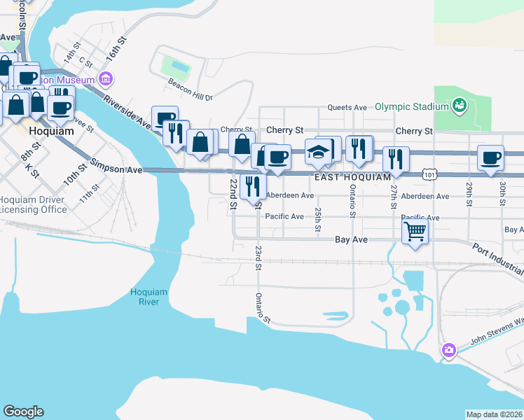 map of restaurants, bars, coffee shops, grocery stores, and more near 510 23rd Street in Hoquiam
