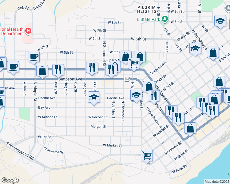map of restaurants, bars, coffee shops, grocery stores, and more near 414 North Jeffries Street in Aberdeen