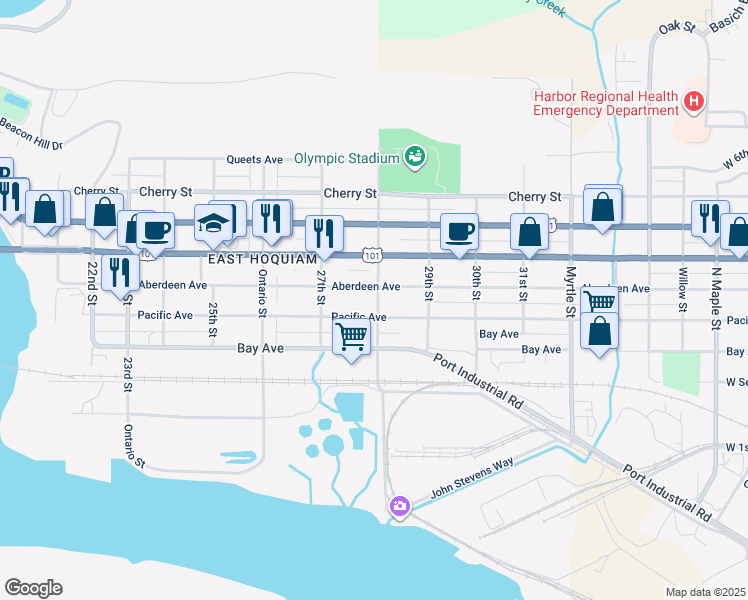 map of restaurants, bars, coffee shops, grocery stores, and more near 2736 Aberdeen Avenue in Hoquiam