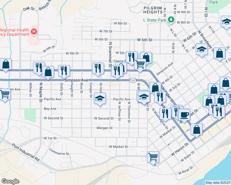 map of restaurants, bars, coffee shops, grocery stores, and more near 1609 Aberdeen Avenue in Aberdeen