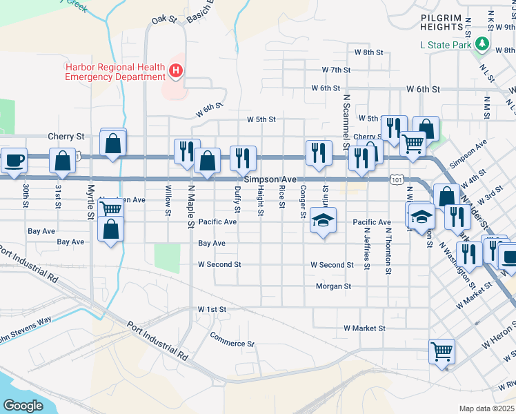 map of restaurants, bars, coffee shops, grocery stores, and more near 413 Haight Street in Aberdeen