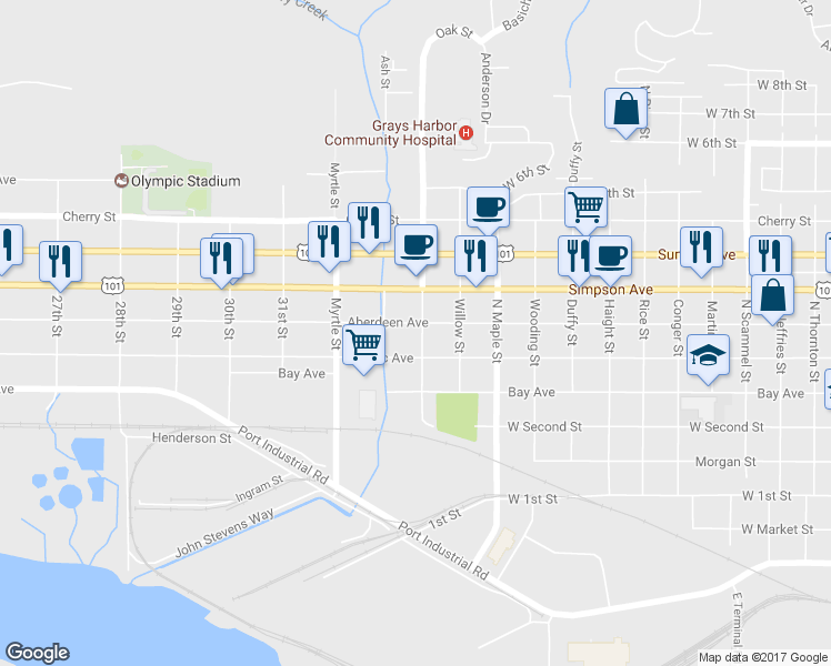 map of restaurants, bars, coffee shops, grocery stores, and more near 2603 Aberdeen Avenue in Aberdeen
