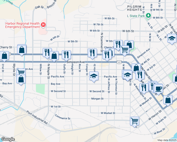 map of restaurants, bars, coffee shops, grocery stores, and more near 418 Conger Street in Aberdeen
