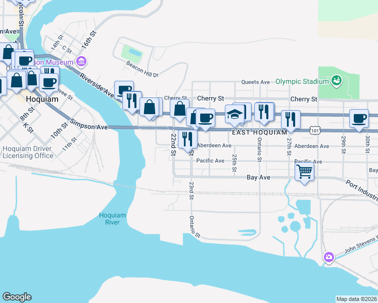 map of restaurants, bars, coffee shops, grocery stores, and more near 510 23rd Street in Hoquiam