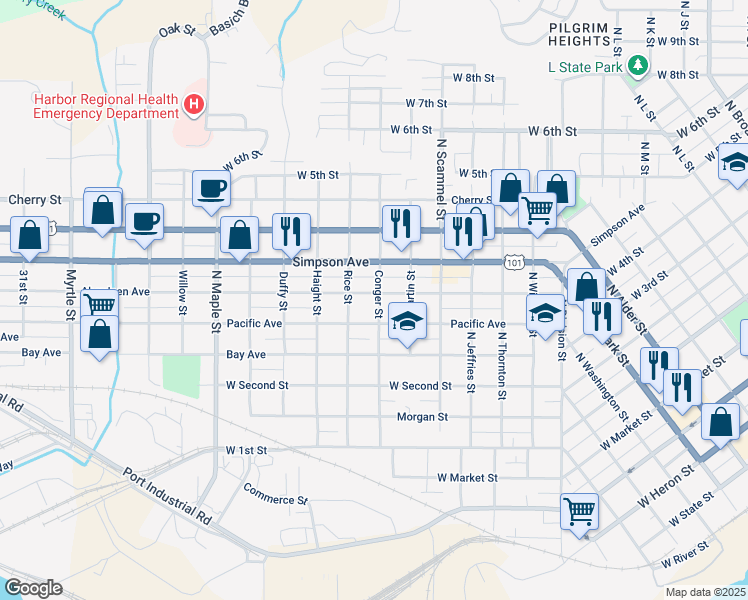 map of restaurants, bars, coffee shops, grocery stores, and more near 418 Conger Street in Aberdeen