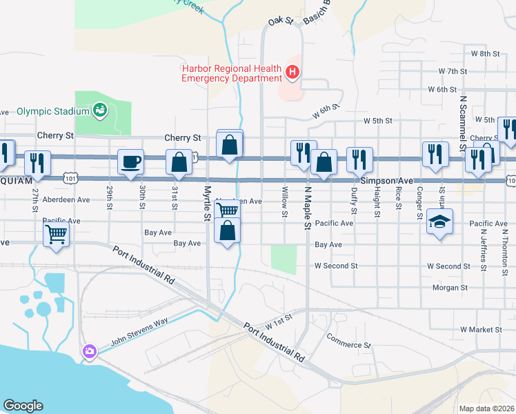 map of restaurants, bars, coffee shops, grocery stores, and more near 2603 Aberdeen Avenue in Aberdeen