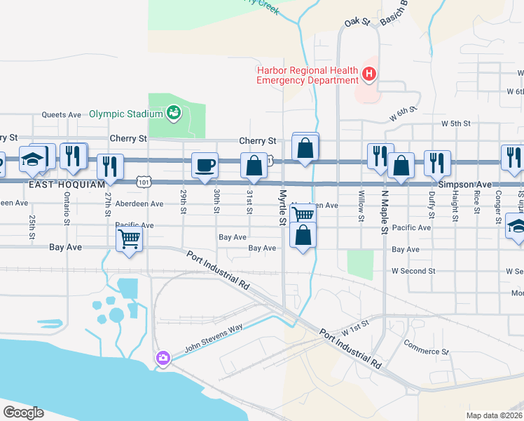 map of restaurants, bars, coffee shops, grocery stores, and more near 3114 Aberdeen Avenue in Hoquiam
